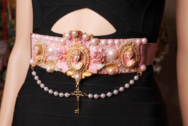 SOLD! 8724 Art Nouveau Carved Cameo Vintage Style Salmon Embellished Waist Gold Belt Size S, L, M - Image 5