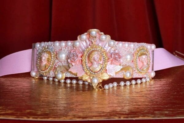 SOLD! 8724 Art Nouveau Carved Cameo Vintage Style Salmon Embellished Waist Gold Belt Size S, L, M