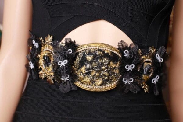 SOLD! 8725 Art Nouveau Carved Cameo Vintage Style Black Embellished Waist Gold Belt Size S, L, M