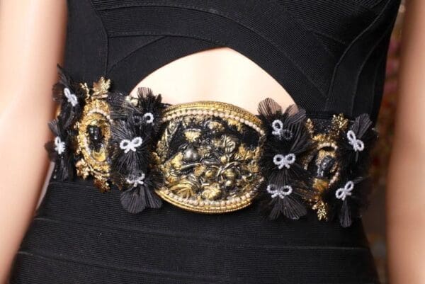 SOLD! 8725 Art Nouveau Carved Cameo Vintage Style Black Embellished Waist Gold Belt Size S, L, M - Image 6