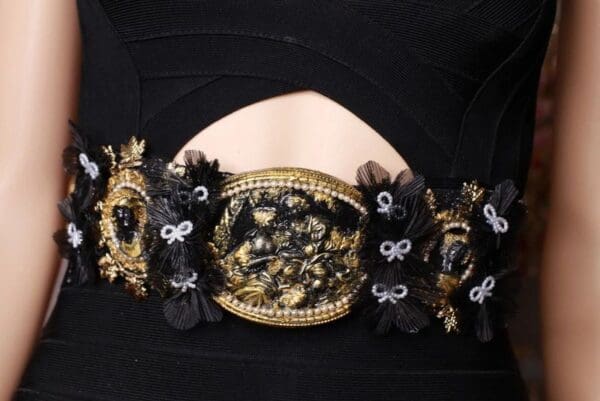 SOLD! 8725 Art Nouveau Carved Cameo Vintage Style Black Embellished Waist Gold Belt Size S, L, M - Image 7