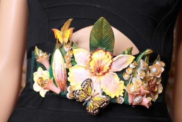 SOLD! 8727 Art Nouveau Flower Garden Embellished Waist Gold Belt Size S, L, M