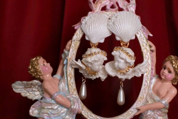 SOLD! 8729 Large Pearlish Chubby Cherubs angels Shell Light Weight Studs Earrings - Image 6