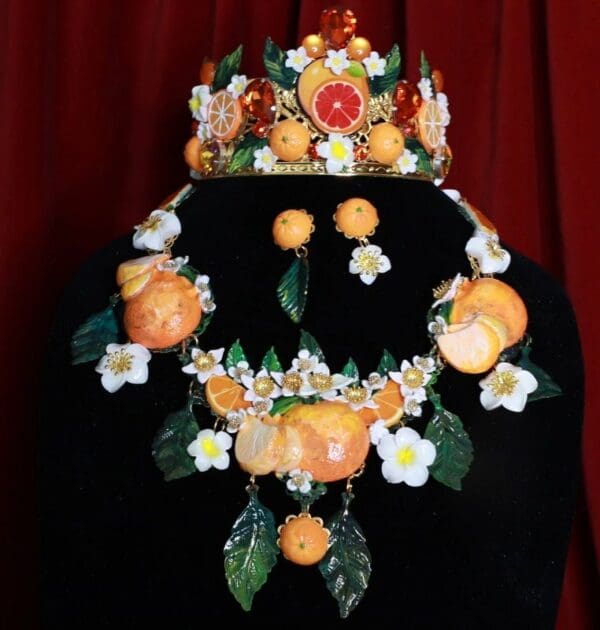 SOLD! 8732 Set Of Sicilian Orange Fruit Hand Painted Necklace+ Earrings