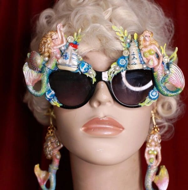 SOLD! 8734 Nautical Sea Ocean Faced Mermaids Embellished Sunglasses - Image 2