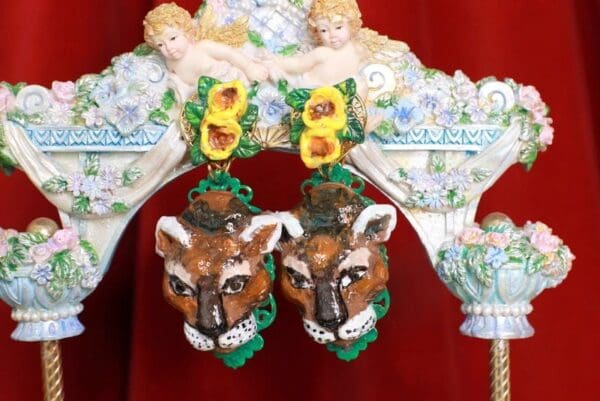 SOLD! 8741 Hand Painted Baroque Leopard Animal Tulips Statement Earrings