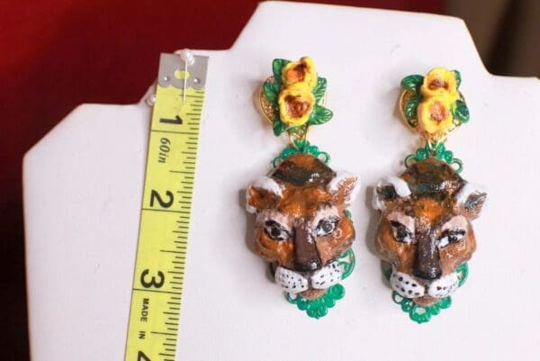 SOLD! 8741 Hand Painted Baroque Leopard Animal Tulips Statement Earrings - Image 3
