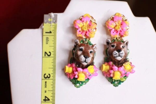 SOLD! 8742 Hand Painted Baroque Leopard Animal Fuchsia Flower Statement Earrings - Image 3