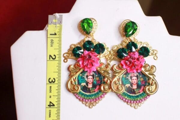 SOLD! 8743 Frida Kahlo Fuchsia Flower Massive Earrings - Image 2