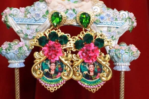 SOLD! 8743 Frida Kahlo Fuchsia Flower Massive Earrings