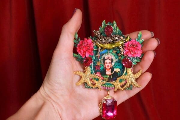 SOLD! 8744 Frida Kahlo Fuchsia Flower Leopard Massive Brooch - Image 2