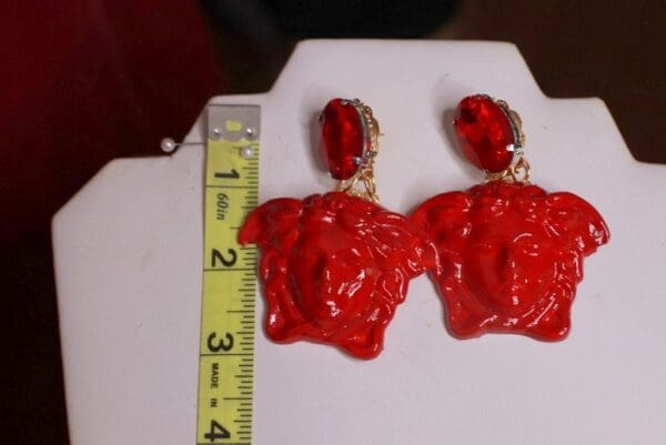 SOLD! 9055 Art Deco Mythological Head RED Earrings - Image 7