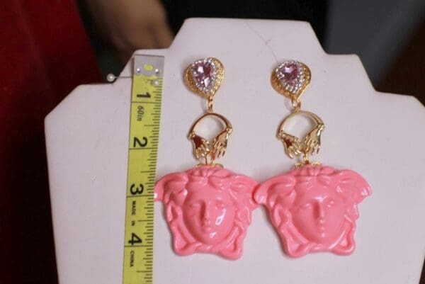 SOLD! 9056 Art Deco Mythological Head Pink Long Earrings - Image 6