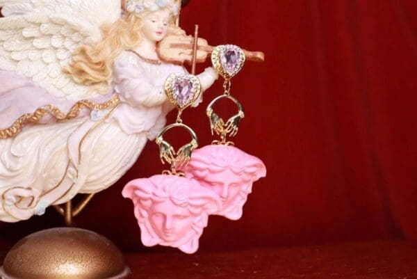 SOLD! 9056 Art Deco Mythological Head Pink Long Earrings - Image 7