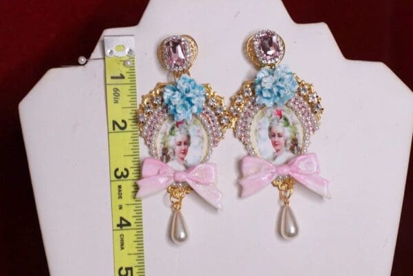 SOLD! 9058 Victorian Marie Antoinette Blue Flower Bow Studs Earrings - Image 7