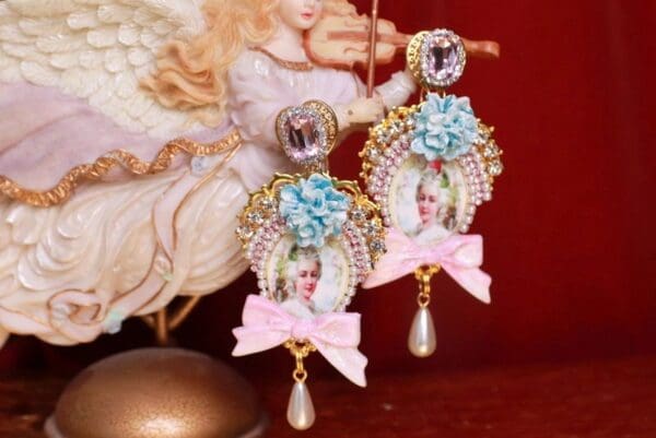 SOLD! 9058 Victorian Marie Antoinette Blue Flower Bow Studs Earrings - Image 8