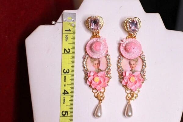 SOLD! 9059 Victorian Young Marie Antoinette Pink Hat Studs Earrings - Image 5