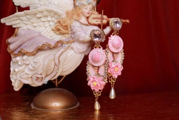 SOLD! 9059 Victorian Young Marie Antoinette Pink Hat Studs Earrings - Image 6