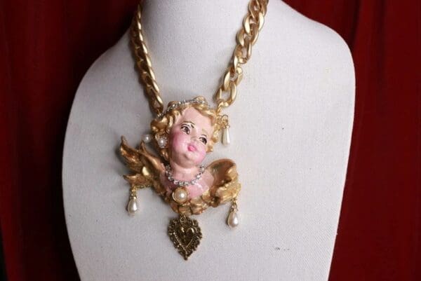 SOLD! 9176 Huge Baroque Cherub Angel Hand Painted Sacred Heart Massive Necklace - Image 4