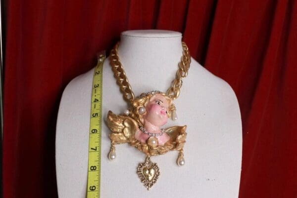 SOLD! 9176 Huge Baroque Cherub Angel Hand Painted Sacred Heart Massive Necklace - Image 5