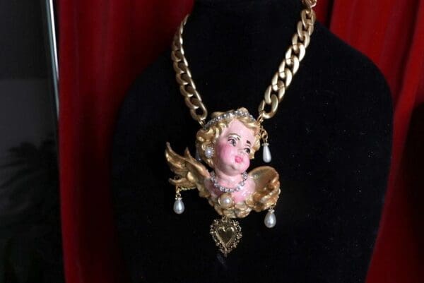 SOLD! 9176 Huge Baroque Cherub Angel Hand Painted Sacred Heart Massive Necklace - Image 2