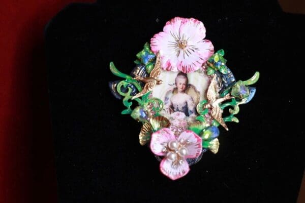 SOLD! 9223 Young Marie Antoinette Pale Pink Flower Swallows Brooch