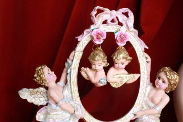 SOLD! 9227 Musical Baroque Hand Painted Vivid pink Roses Cherubs Earrings Studs