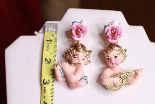 SOLD! 9227 Musical Baroque Hand Painted Vivid pink Roses Cherubs Earrings Studs - Image 4