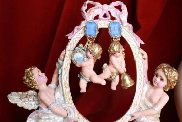 SOLD! 9228 Musical Baroque Hand Painted Vivid pink Roses Cherubs Earrings Studs