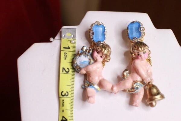 SOLD! 9228 Musical Baroque Hand Painted Vivid pink Roses Cherubs Earrings Studs - Image 3