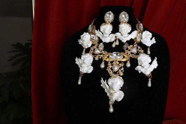 SOLD! 9232 Baroque White Chubby 5 Cherubs Angels Clear Crystal Necklace - Image 2