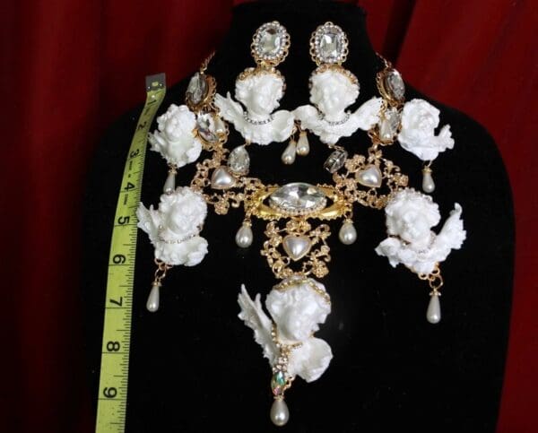 SOLD! 9232 Baroque White Chubby 5 Cherubs Angels Clear Crystal Necklace - Image 3