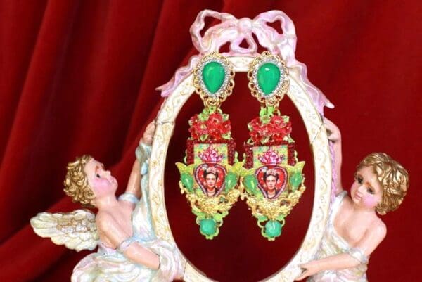 SOLD! 9246 Frida Kahlo Green Long Hand Painted Earrings