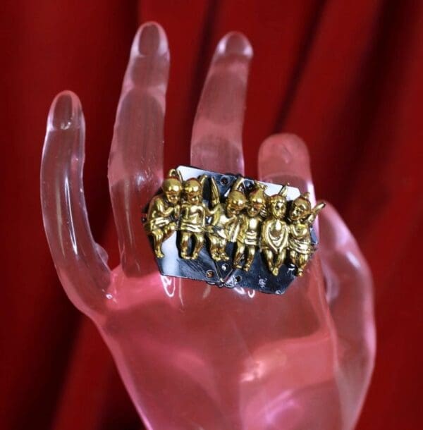 SOLD! 9252 Black Cherubs Baroque Adjustable Cocktail Ring