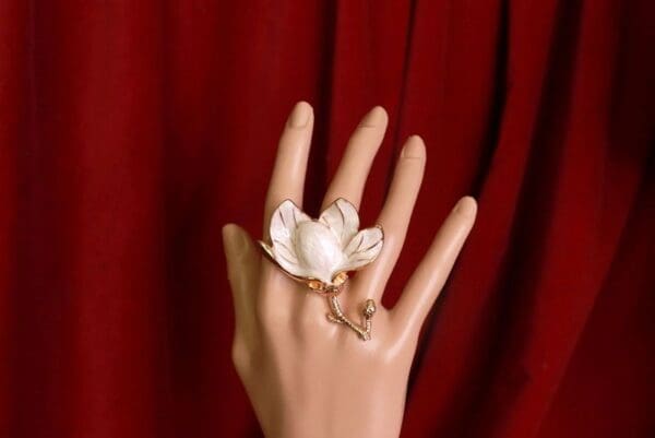 SOLD! 9253 Baroque Enamel Magnolia Cocktail Adjustable Ring - Image 2