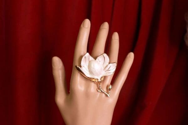 SOLD! 9253 Baroque Enamel Magnolia Cocktail Adjustable Ring - Image 3