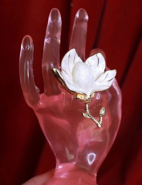 SOLD! 9253 Baroque Enamel Magnolia Cocktail Adjustable Ring