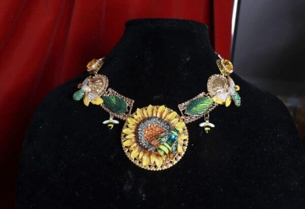 SOLD! 9273 Baroque Enamel Sunflower Bee Necklace Choker