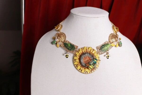 SOLD! 9273 Baroque Enamel Sunflower Bee Necklace Choker - Image 3