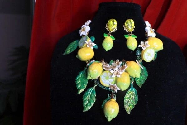 SOLD! 9291 Set Of Baroque 3D Effect Lemon Fruit Statement Necklace+ Earrings - Image 4