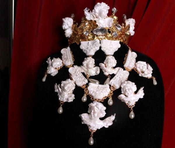 SOLD! 9293 Baroque Runway White Pearlish Architect Chubby Cherubs Angels Roman Column Necklace