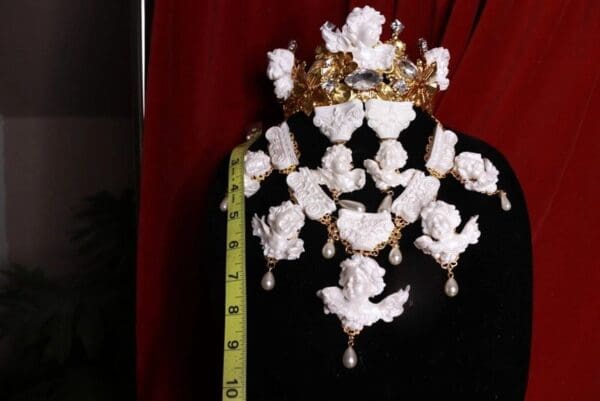 SOLD! 9293 Baroque Runway White Pearlish Architect Chubby Cherubs Angels Roman Column Necklace - Image 5