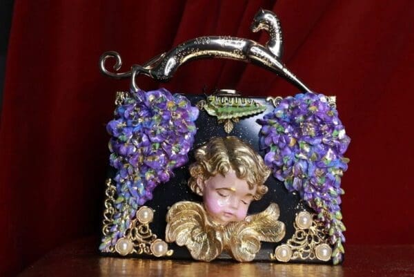 SOLD! 9297 Baroque Sleeping Cherub Purple Flowers Embellished Handbag