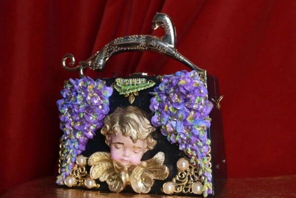 SOLD! 9297 Baroque Sleeping Cherub Purple Flowers Embellished Handbag - Image 2
