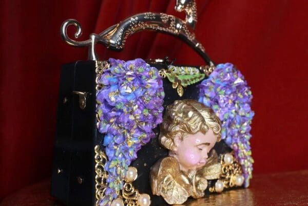 SOLD! 9297 Baroque Sleeping Cherub Purple Flowers Embellished Handbag - Image 3
