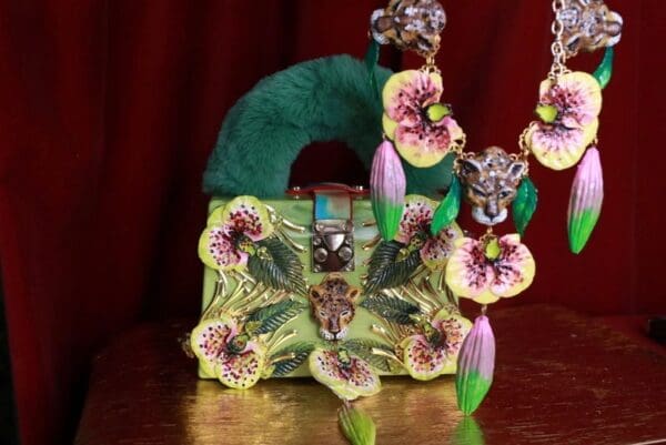 SOLD! 7704 Baroque Hand Painted 3 Leopards Orchids Massive Necklace - Image 4
