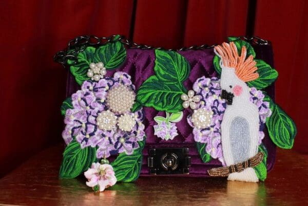 SOLD! 9322 Baroque Velvet Vacation Parrot Hydrangea Embellished Handbag