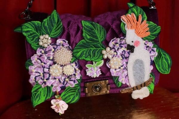 SOLD! 9322 Baroque Velvet Vacation Parrot Hydrangea Embellished Handbag - Image 2