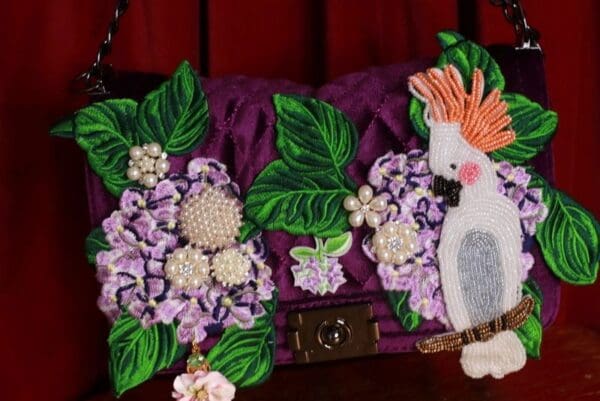 SOLD! 9322 Baroque Velvet Vacation Parrot Hydrangea Embellished Handbag - Image 3