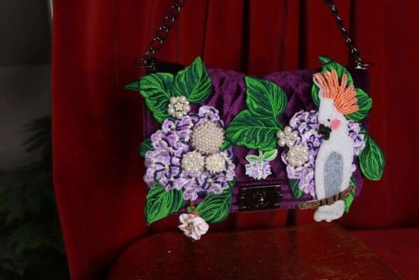 SOLD! 9322 Baroque Velvet Vacation Parrot Hydrangea Embellished Handbag - Image 5